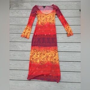 Long Sleeve Micromesh Printed Maxi Dress